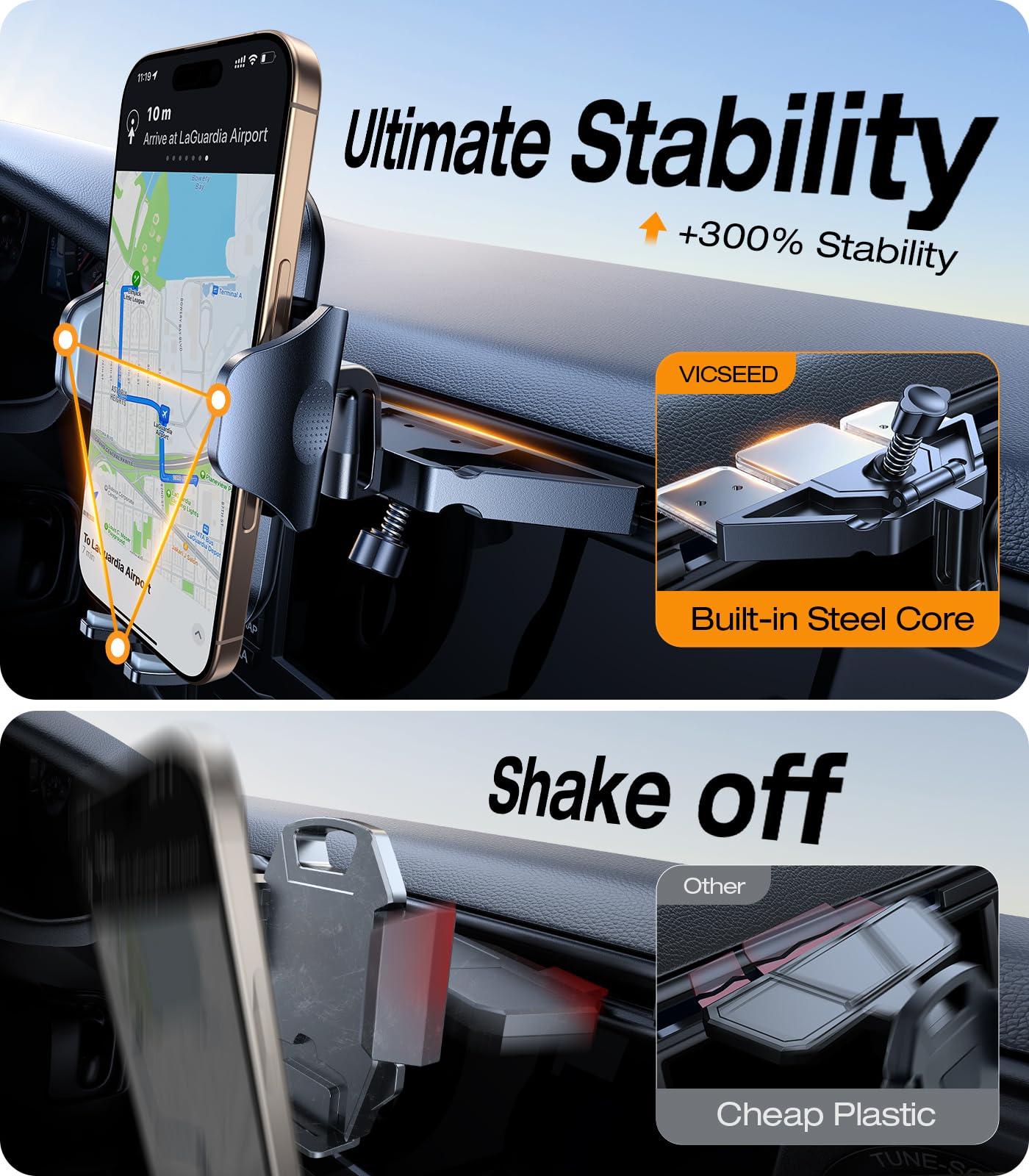 VICSEED Military-Grade Sturdy Car Phone Holder Mount, Upgraded Anti Shake Metal CD Slot & Air Vent Thick Case Friendly Phone Mount for Car Fit