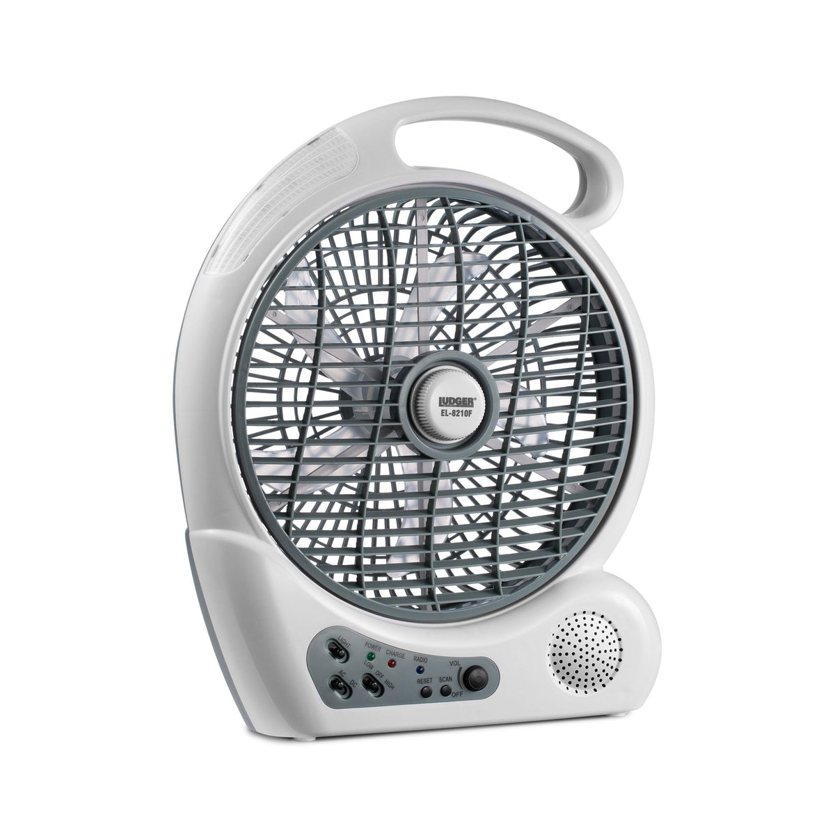 LUDGER 10" Rechargeable Fan with LED and FM Radio (EL-8210F), Portable, Long Battery life, 2 Speeds, USB Charge, AM/FM Radio, Rotatable Grill