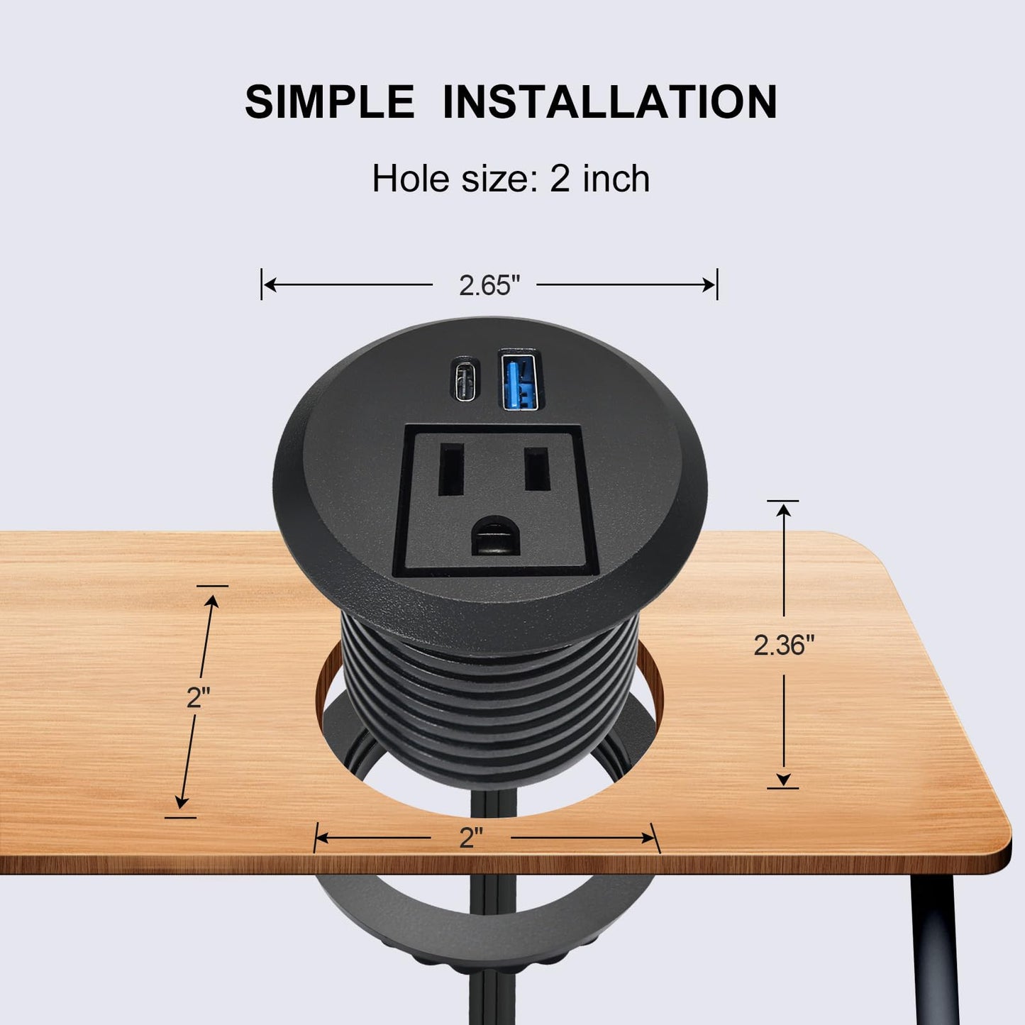 20W USB-C Fast Charge Recessed Power Grommet, 2 inch Flush Mount Desk Outlet with 6.5 FT Extension Cord, Space-Saving Countertop Power Strip for Home