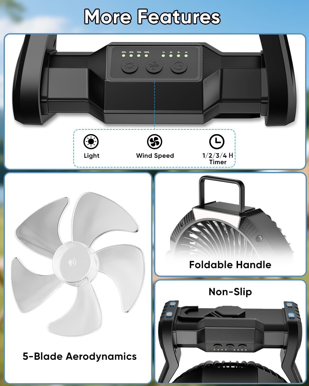 Aynvixt Portable Rechargeable Fan, 20000mAh Battery Powered Camping Fan with LED Light & Hook, 270° Adjustable, 4-Speed, 4H Timer Camping Essentials