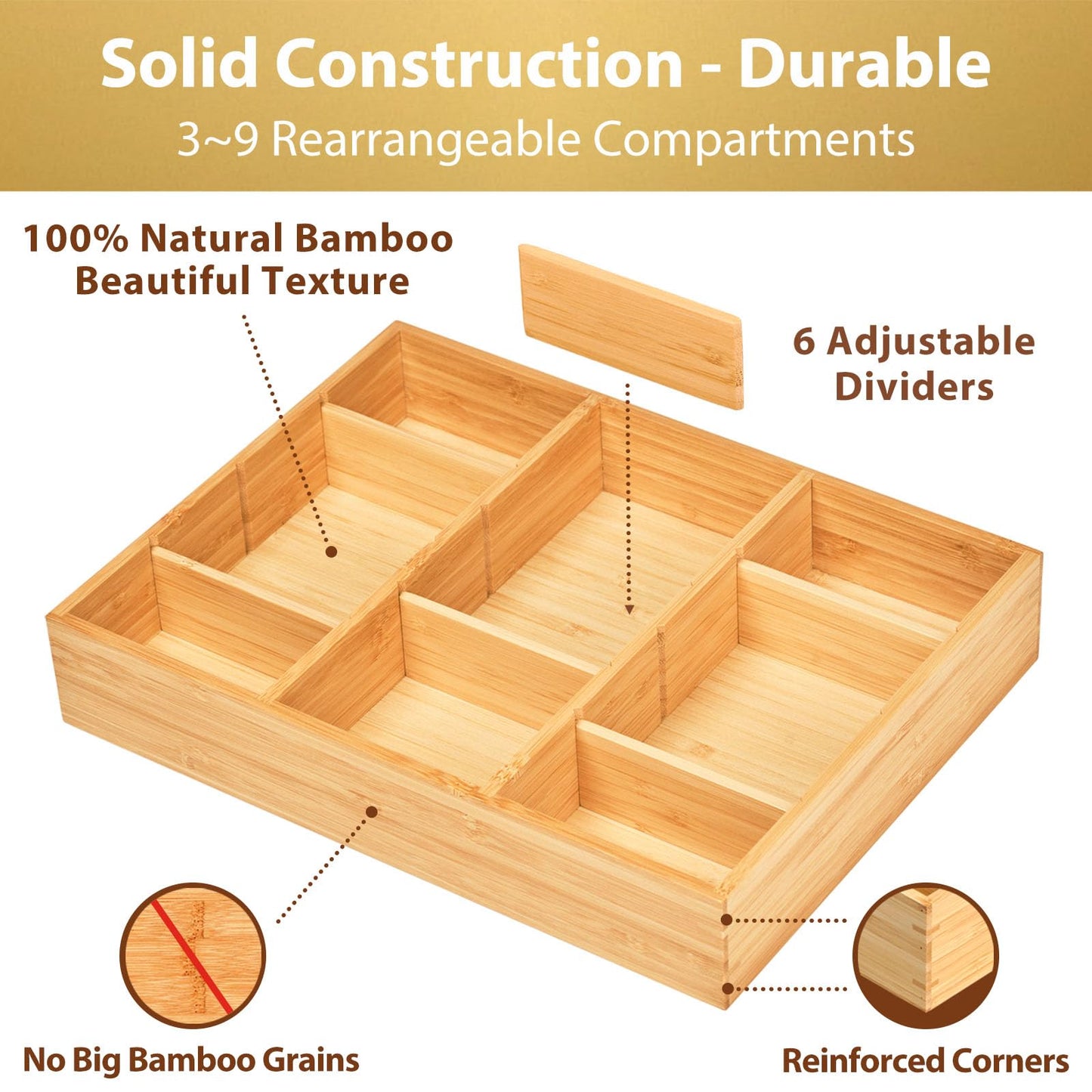 Umilife Office Desk Organizer for Drawer and Desktop, Customizable Deep Compartments, Bamboo Tray for Office Supplies Stationery, 7" x 12"