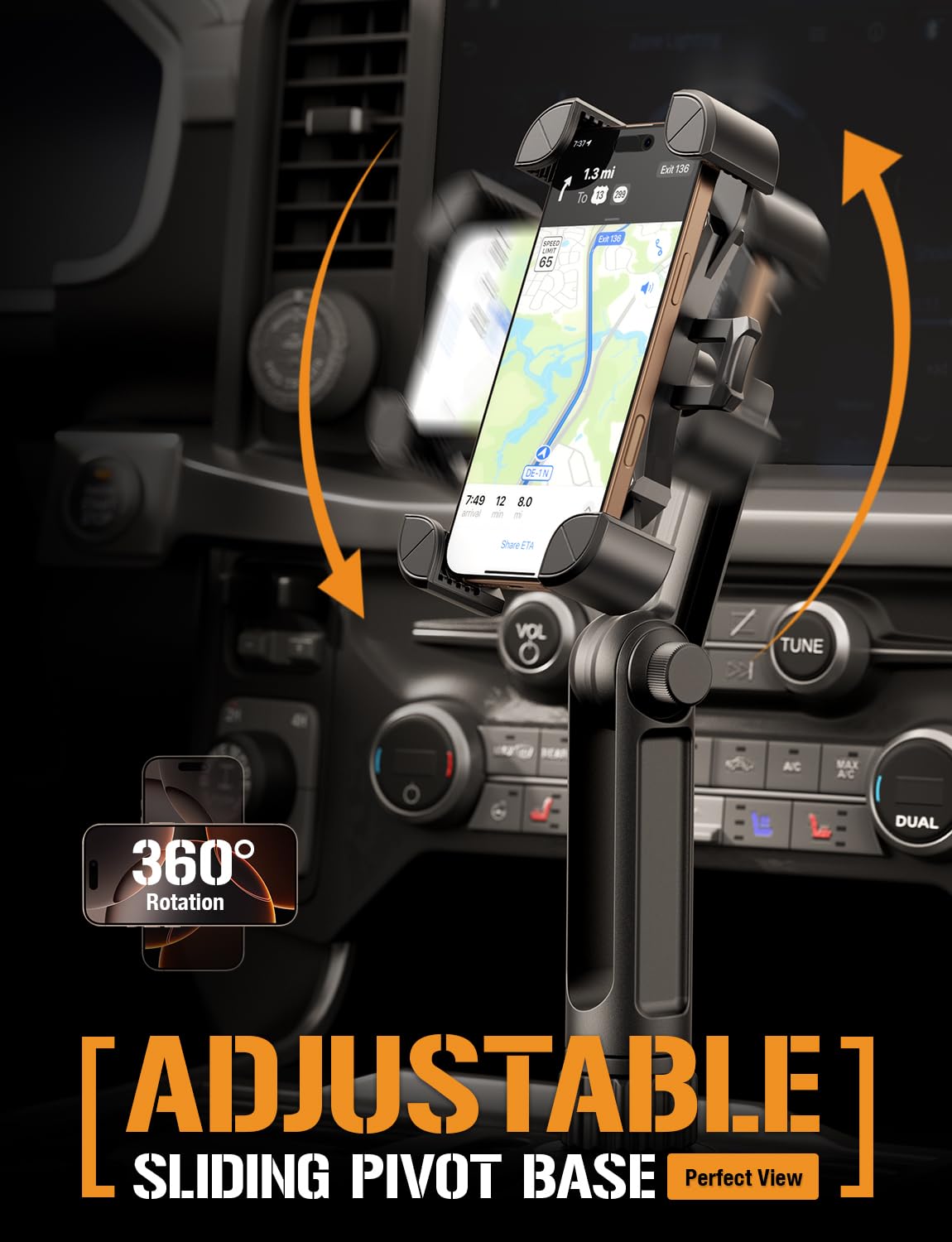 ToughTested Boom Cup Holder Phone Holder for Car - Adjustable Cell Phone Mount, No Vibration Heavy Duty Bendable Boom Arm, Expandable Grip, 360