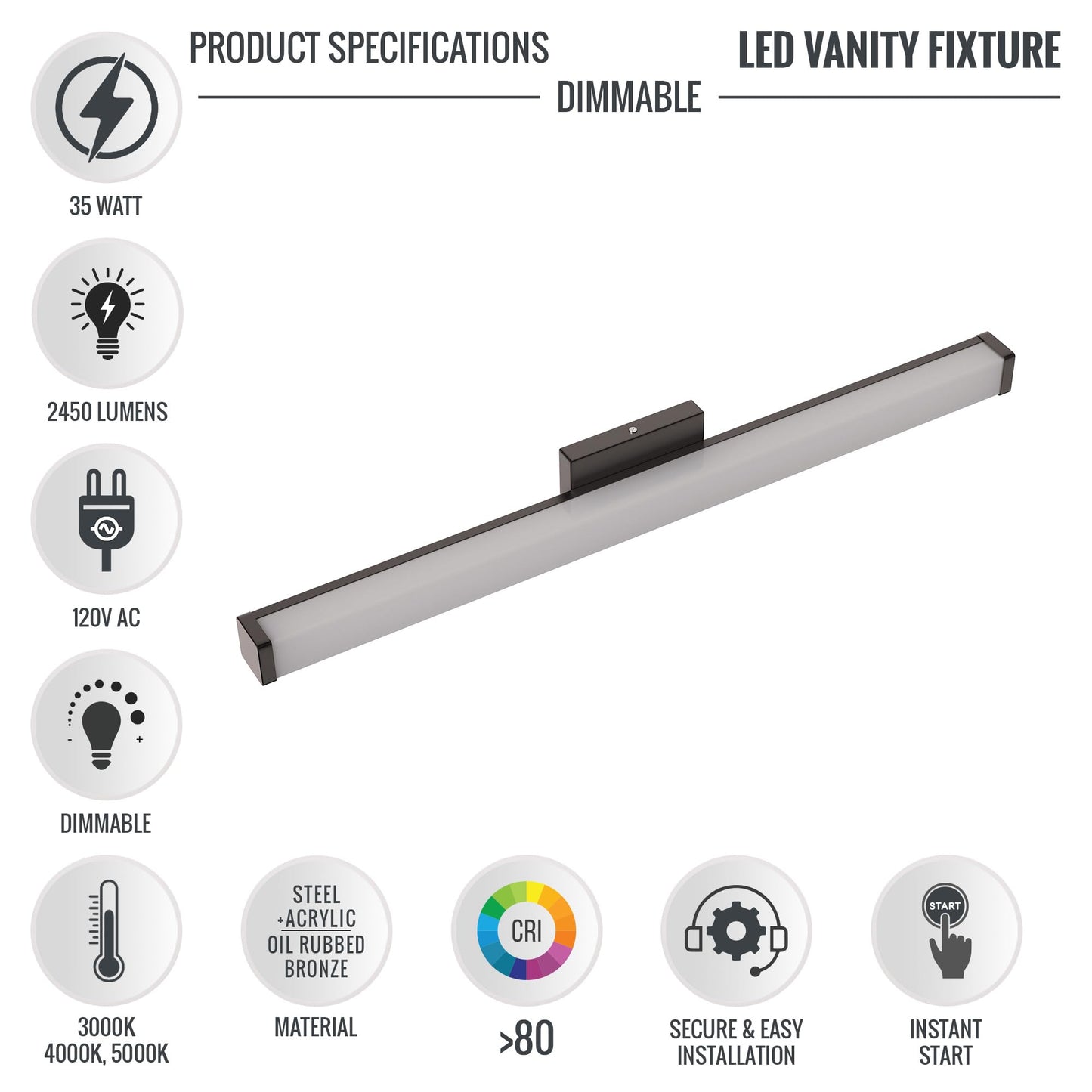 LEDMyplace 35W 48-inch LED Vanity Light Fixtures Over Mirror for Bathroom, Dressing Table, 3000/4000/5000K CCT Changeable, Dimmable, 2450LM, High