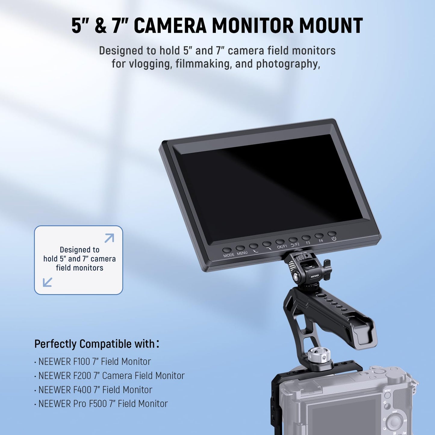 NEEWER Field Monitor Mount Holder with Cold Shoe Adapter 360 Swivel 180 Tilt Anti Twist Screw/Cleaning Cloth, Compatible with Atomos Ninja 5"/7"