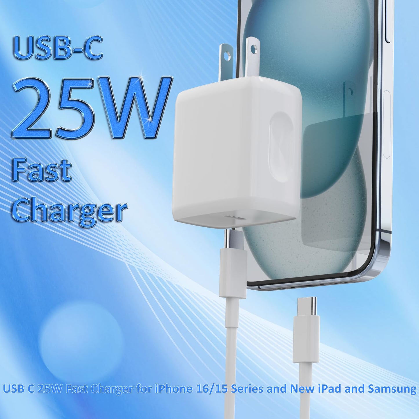 USB C Charger Type C Fast Charging 2 Pack 25W Chargers Block with 2 Pack 6FT USB C to C Cable for iPhone 17 Pro/Pro Max/Air/16 15 Pro/Pro