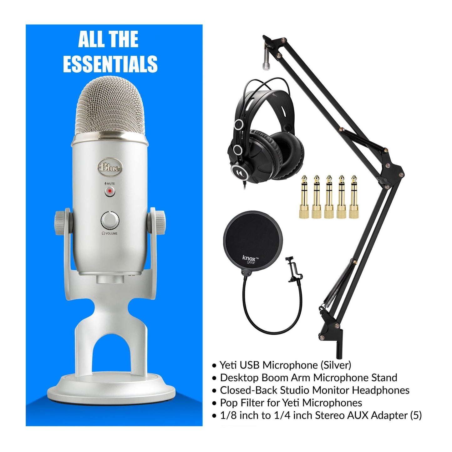 Blue Microphones Yeti USB Microphone Bundle with Desktop Boom Arm Stand, TX-100 Closed-Back Studio Monitor Headphones, and Pop Filter (4 Items)