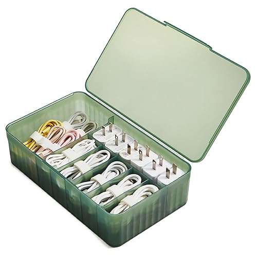 Atathro Cable Organizer Box Extra Wide, Travel Charger Cord Earphone Storage Case with Lid (Dark Green)
