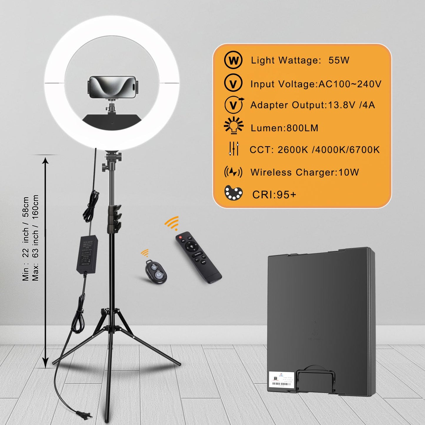 JJ JIANJIN Ring Light 18 INCH Kit,55W6700k Dimmable LED Light, Tripod Stand, Remote Controller,Box for Camera,Smartphone,YouTube,TikTok,Self-Portrait