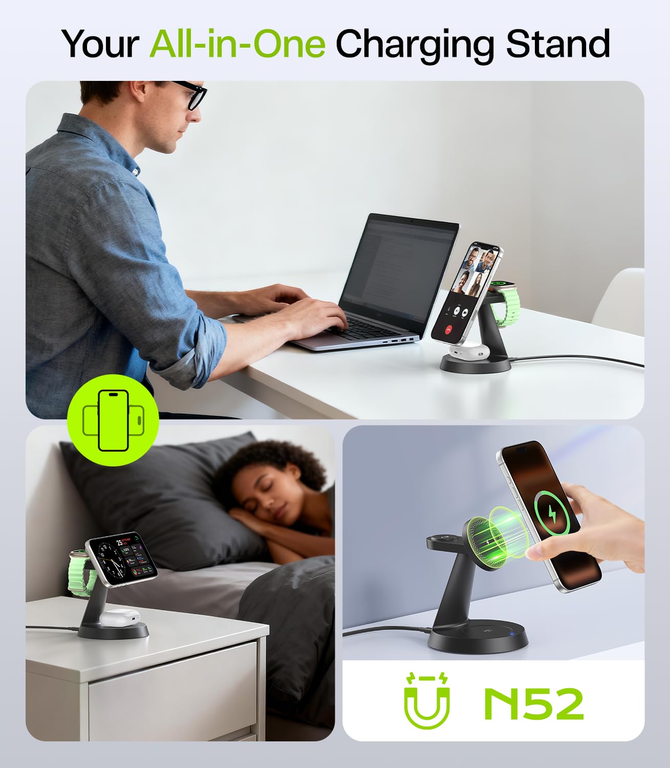 3 in 1 Charging Station for Apple Devices, 15W Fast Wireless Charger Compatible with MagSafe Charging Stand for iPhone 17 16 15 14 13 12, Watch