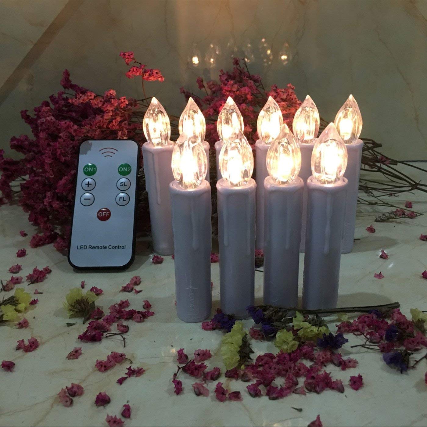 Flameless Taper Candles with Remote Control Set of 10 Led Electric Battery Powered Warm White Flicker Lights Realistic Christmas Candles