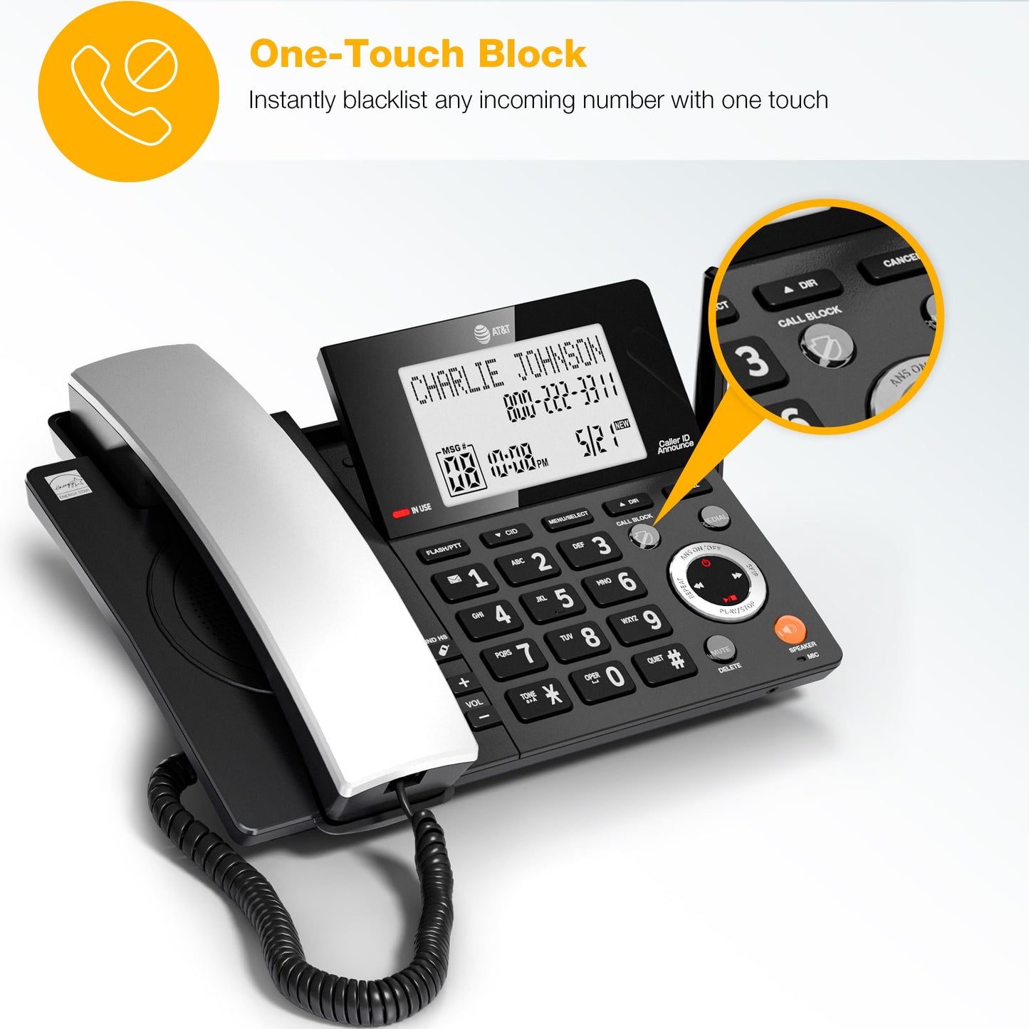 AT&T DECT 6.0 Corded/Cordless Home Phone with 2-Handset and Answering Machine, Smart Call Blocker, Caller ID, Large Backlit Display, Big Button