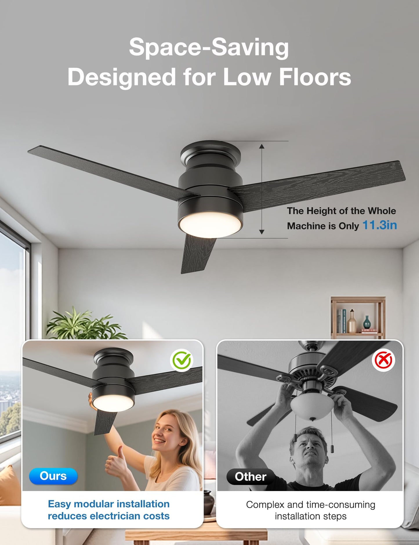 warmiplanet Flush Mount Ceiling Fan with Lights Remote Control, 52-Inch, Black, 3-Blades