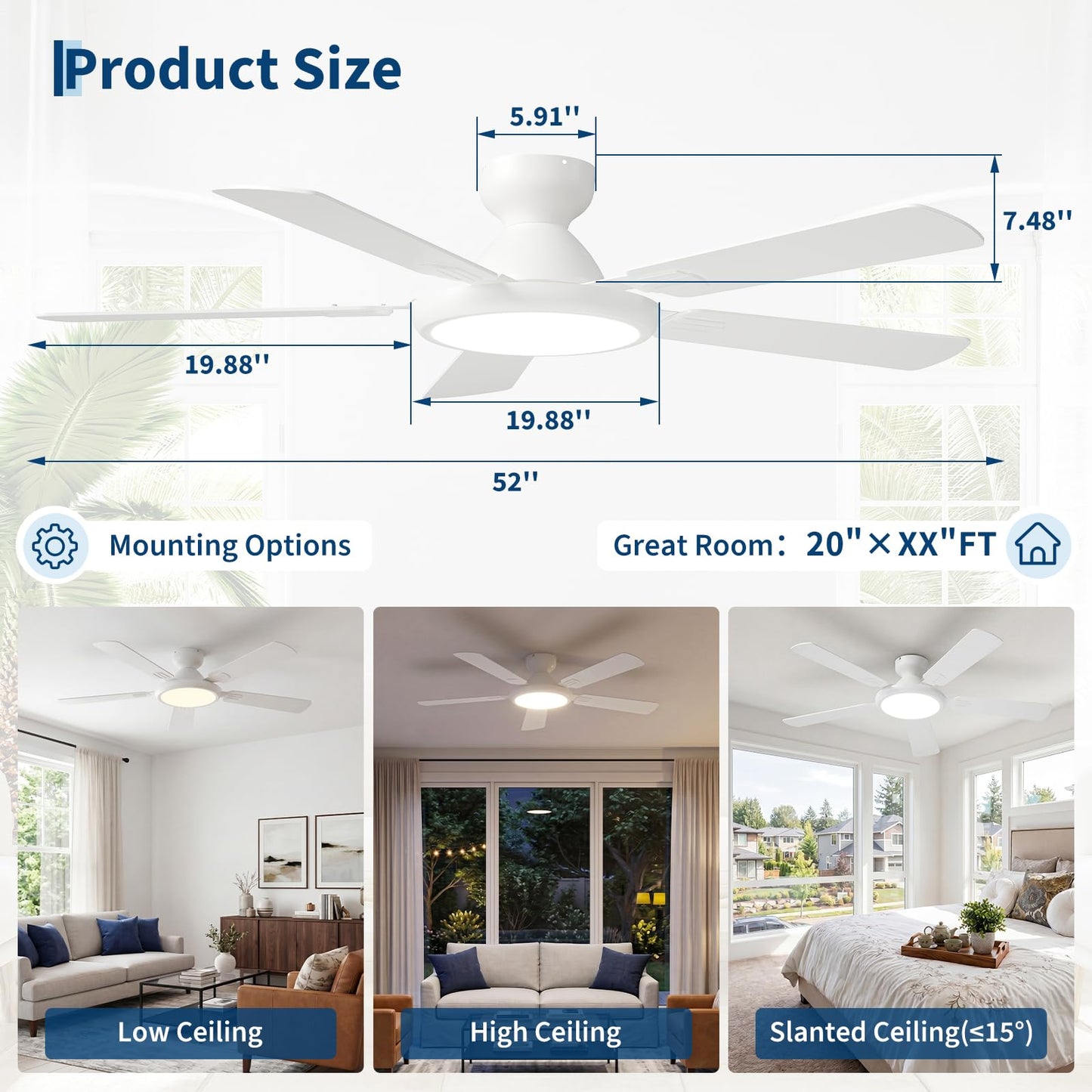 Garvee 52" White Ceiling Fan with Extra-Large Light & Remote, Alexa, WiFi