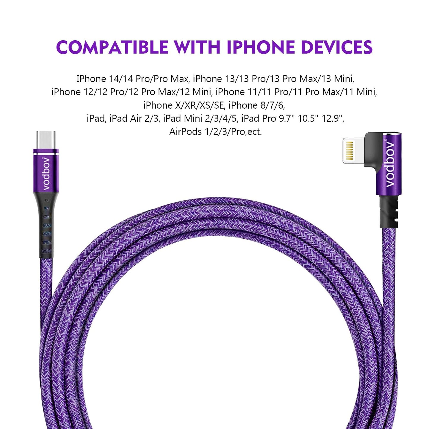 VODBOV USB-C to Lightning Braided Cable iPhone Charger Fast Charging Cord Right Angle 2pack 10ft 6ft 90 Degree MFi Certified Cable Xr Sage (Purple)