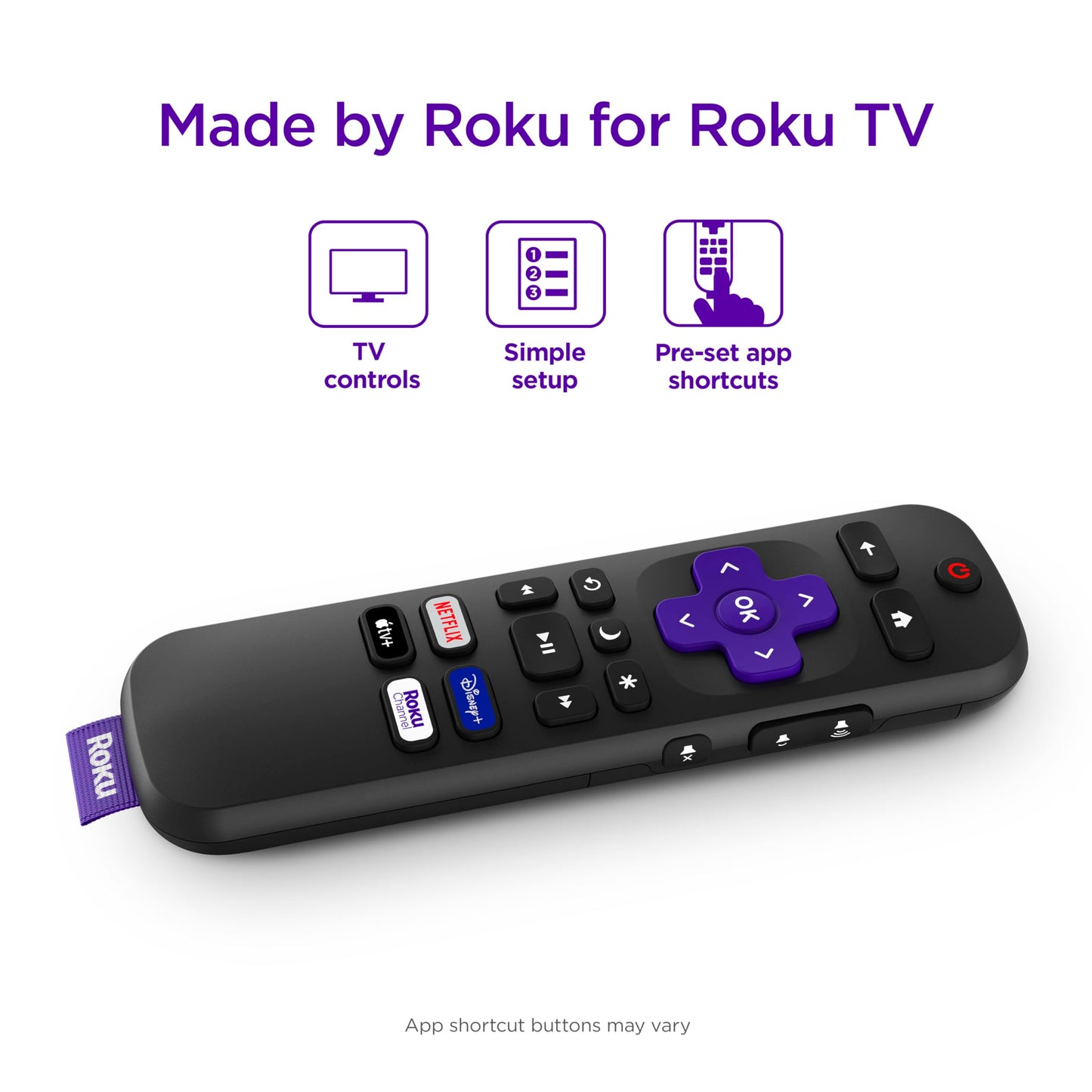 Roku TV Remote Control (Official Manufacturer Product) - Simple Setup, & Pre-Set App Shortcuts - Replacement Remote Compatible with RokuTV Models ONLY