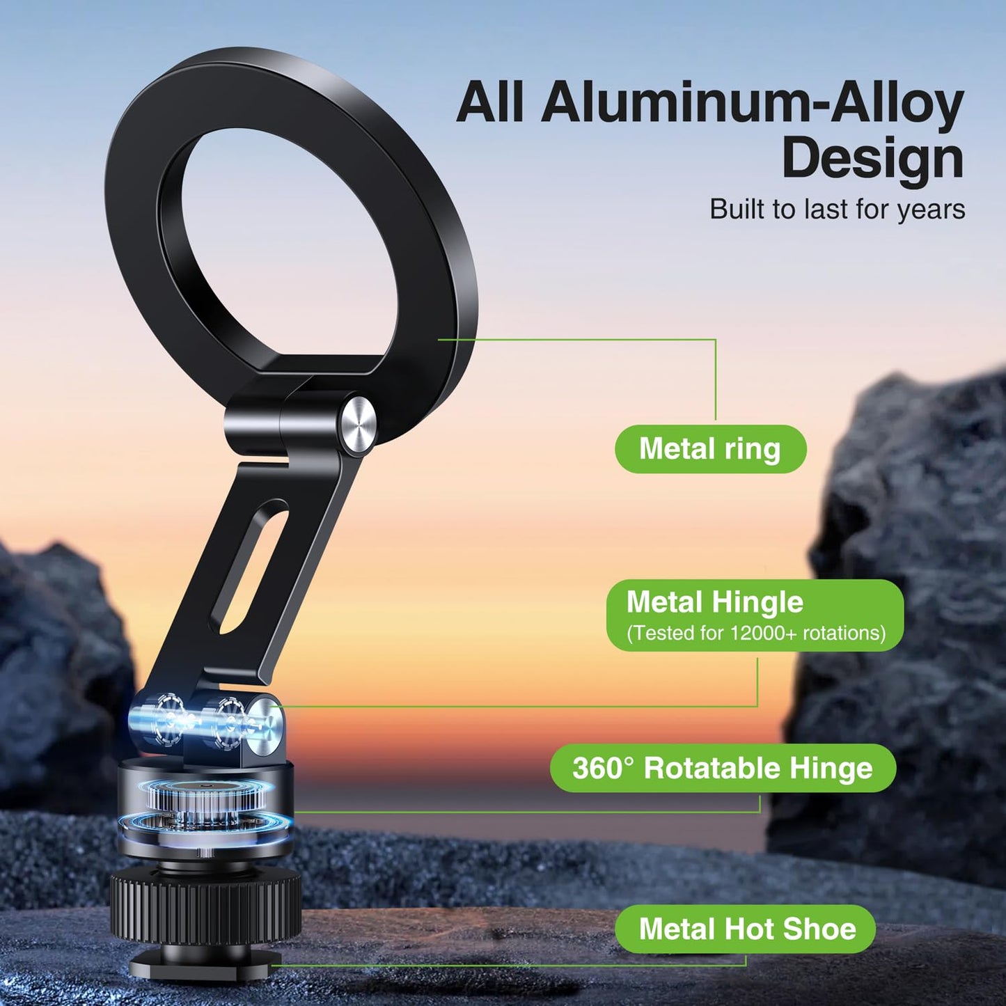 elitehood Aluminum Magnetic Camera Phone Mount with 360° Rotatable Cold Shoe Base, MagSafe iPhone Tripod Mount Adapter with 1/4” Screw & Hot Shoe