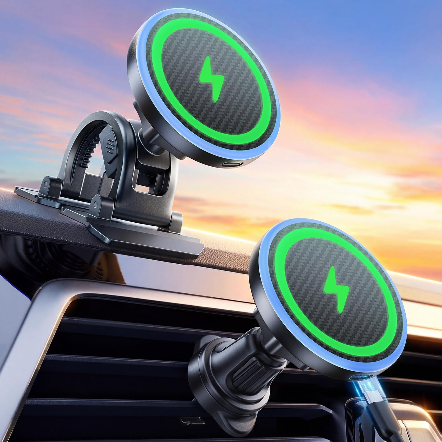 Estbuc 2-in-1 15W Magsafe Car Mount Charger, Magnetic Wireless Car Charger, 360° Dashboard & Air Vent Phone Mount, Phone Holders for Your Car, Car