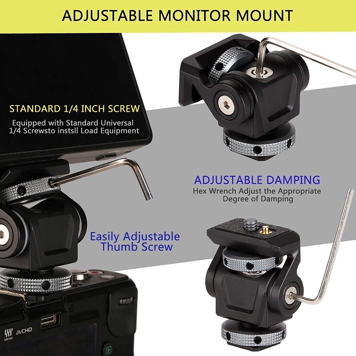 DSLR Camera Field Monitor Mount Holder with Cold Shoe for 5 inch and 7 inch Monitor, Swivel 360° and 180° Tilt for Video Shooting Photography