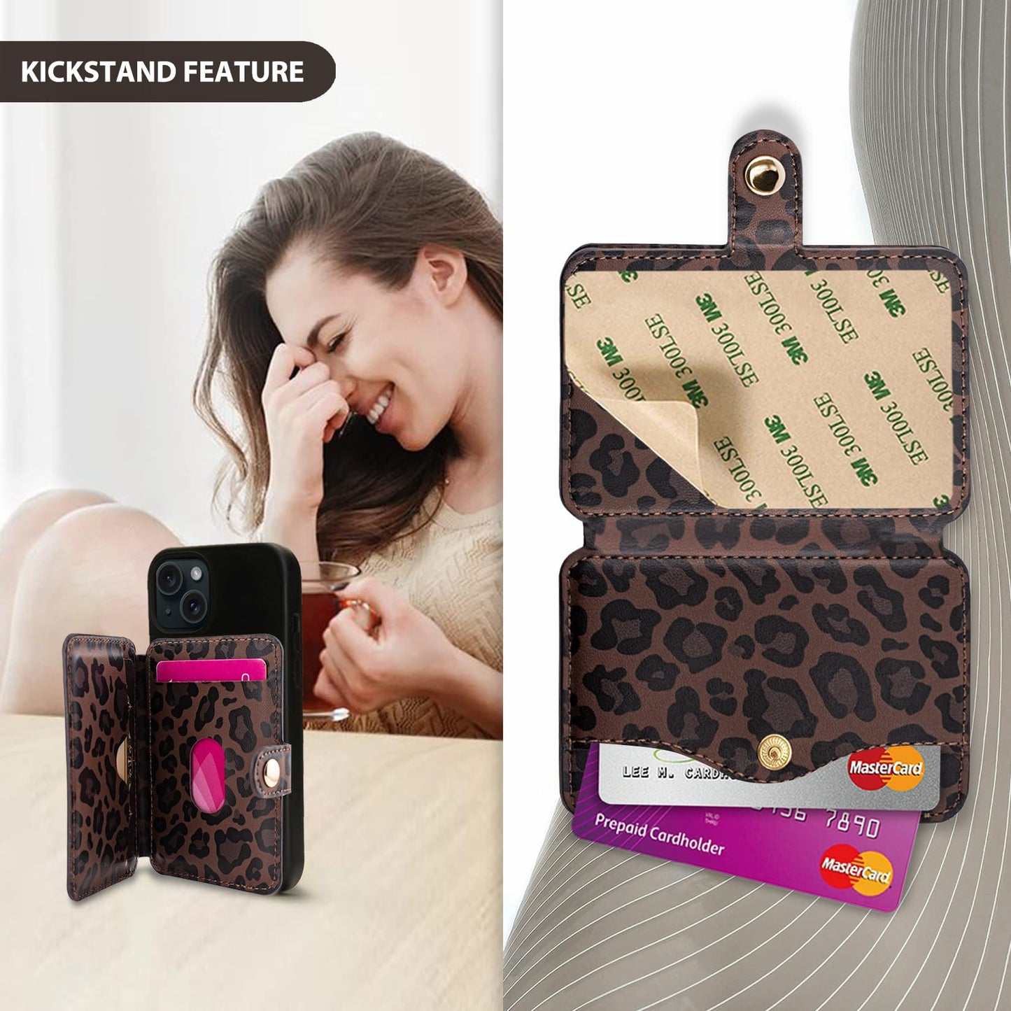M-Plateau Credit Card Holder For Cell PhoneWith Slim Adhesive Card Holder for Phone Case and Most Smartphones (Leopard Print)