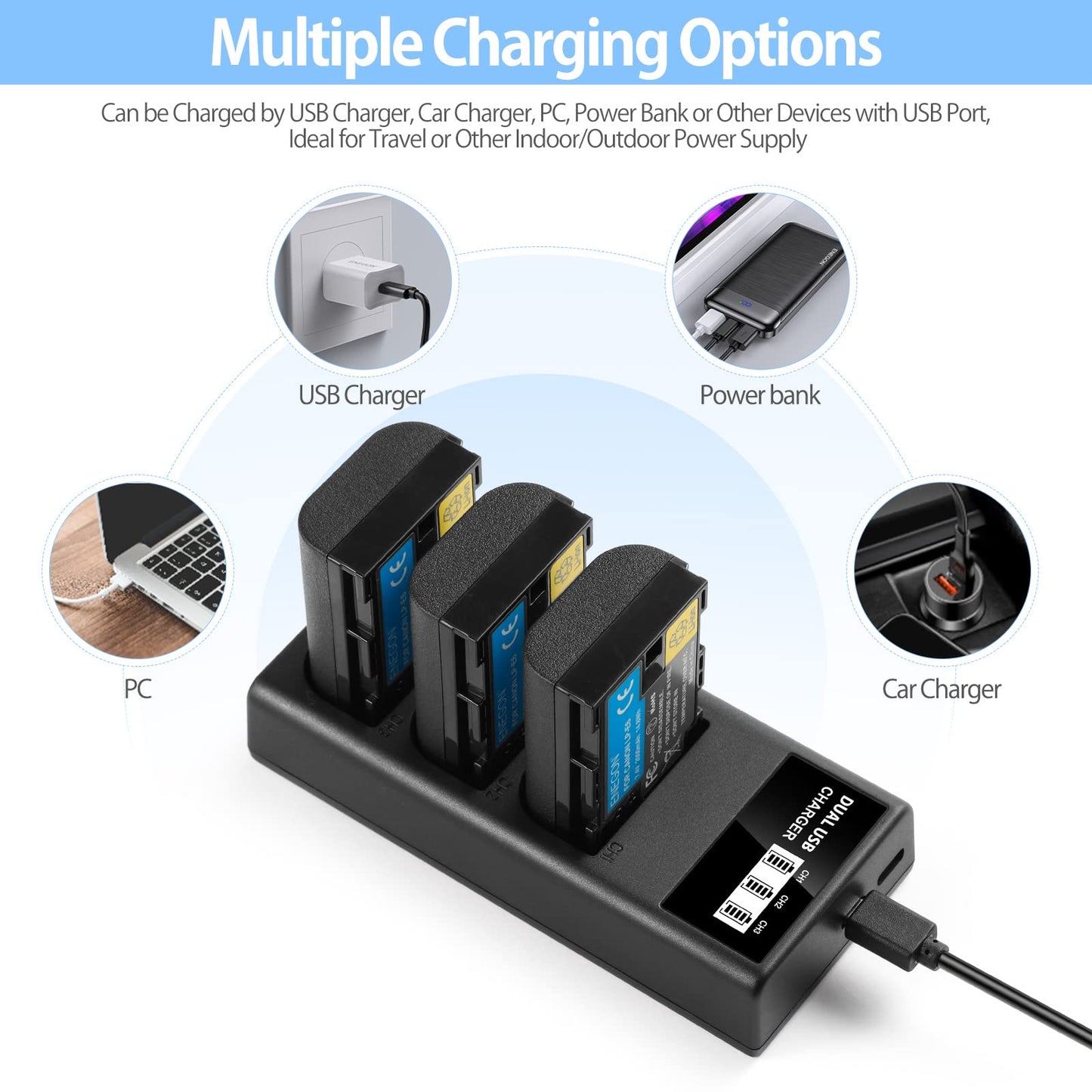 ENEGON LP-E6 LP-E6N LP-E6NH Triple Slot LCD USB Charger for Canon EOS 5D Mark II III and IV, 70D, 5Ds, 6D, 5DsR, 80D, 7D, and 7D Mark II, EOS 60D