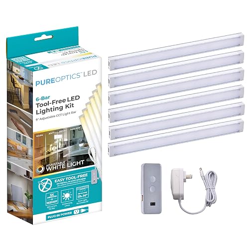 PureOptics LED Under Cabinet Lighting Kit, Motion Sensor, Dimmable, Linkable, 3 Color Settings, Tool-Free, for Kitchen, Pantry, Cabinets, Closets