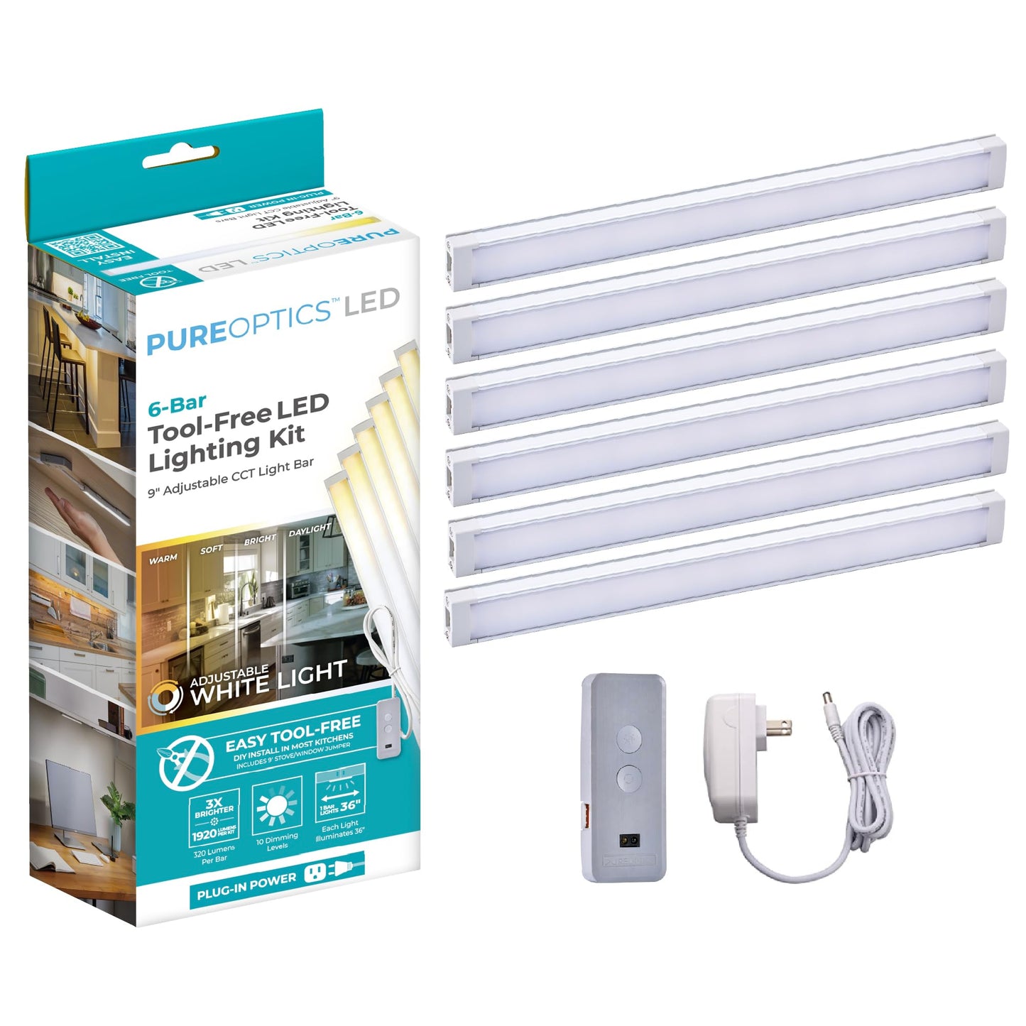 PureOptics LED Under Cabinet Lighting Kit, Motion Sensor, Dimmable, Linkable, 3 Color Settings, Tool-Free, for Kitchen, Pantry, Cabinets, Closets