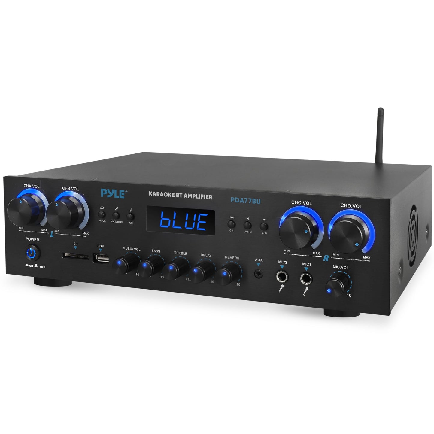 Pyle Home Stereo Receiver with Bluetooth - 4 Channel Amplifier, 800 Watt Max, USB-A Input w MP3 Player, Easy Karaoke Setup with Mic Vol, Reverb