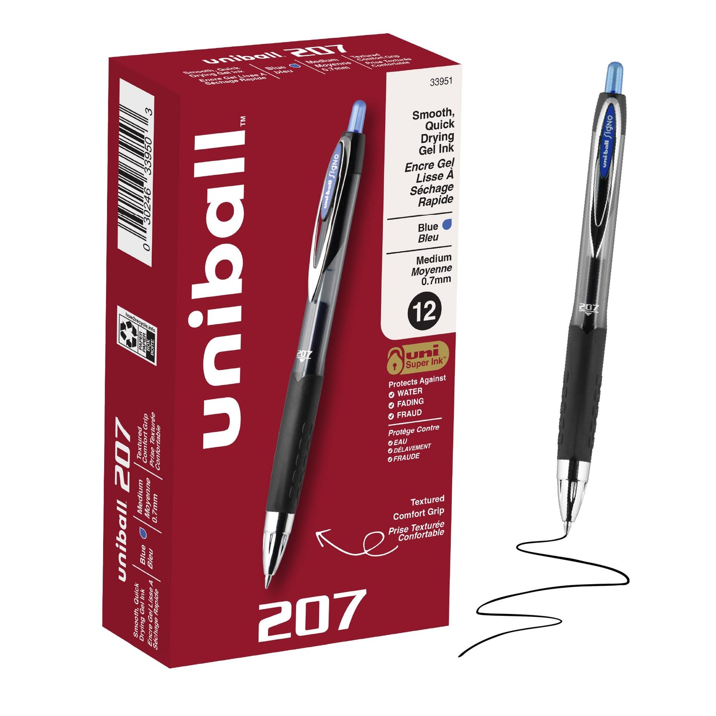 uniball™ 207 Gel Pens, Blue Ink, 0.7mm Medium Point, Retractable, 12 Count