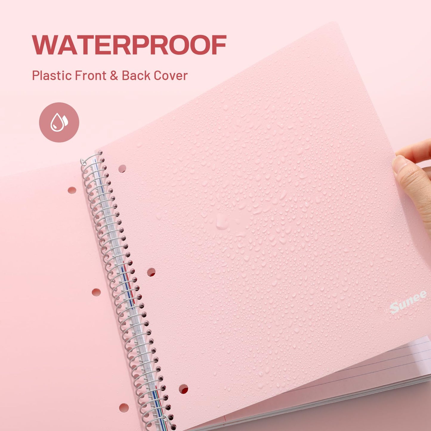 SUNEE 5 Subject Notebook College Ruled - 400 Pages, 9"x11", 5 Pocket Colored Dividers, 3-Hole Punched Paper, Pink