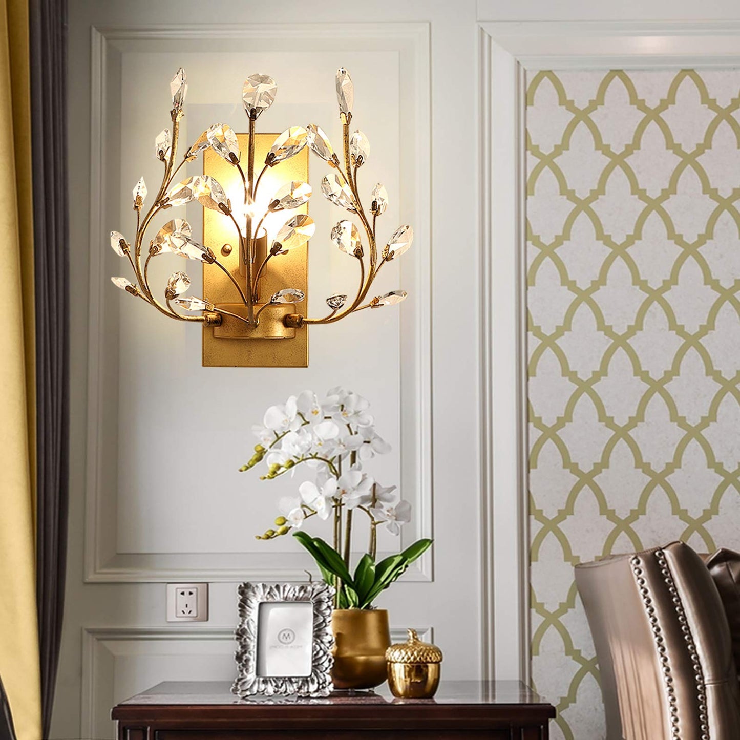 YIYIBYUS LED Golden Crystal Aisle Wall Lamp Lighting, Bedroom Lights Wall Sconce Fixtures Creative Retro Wrought Iron Candle for Dining Room Bathroom