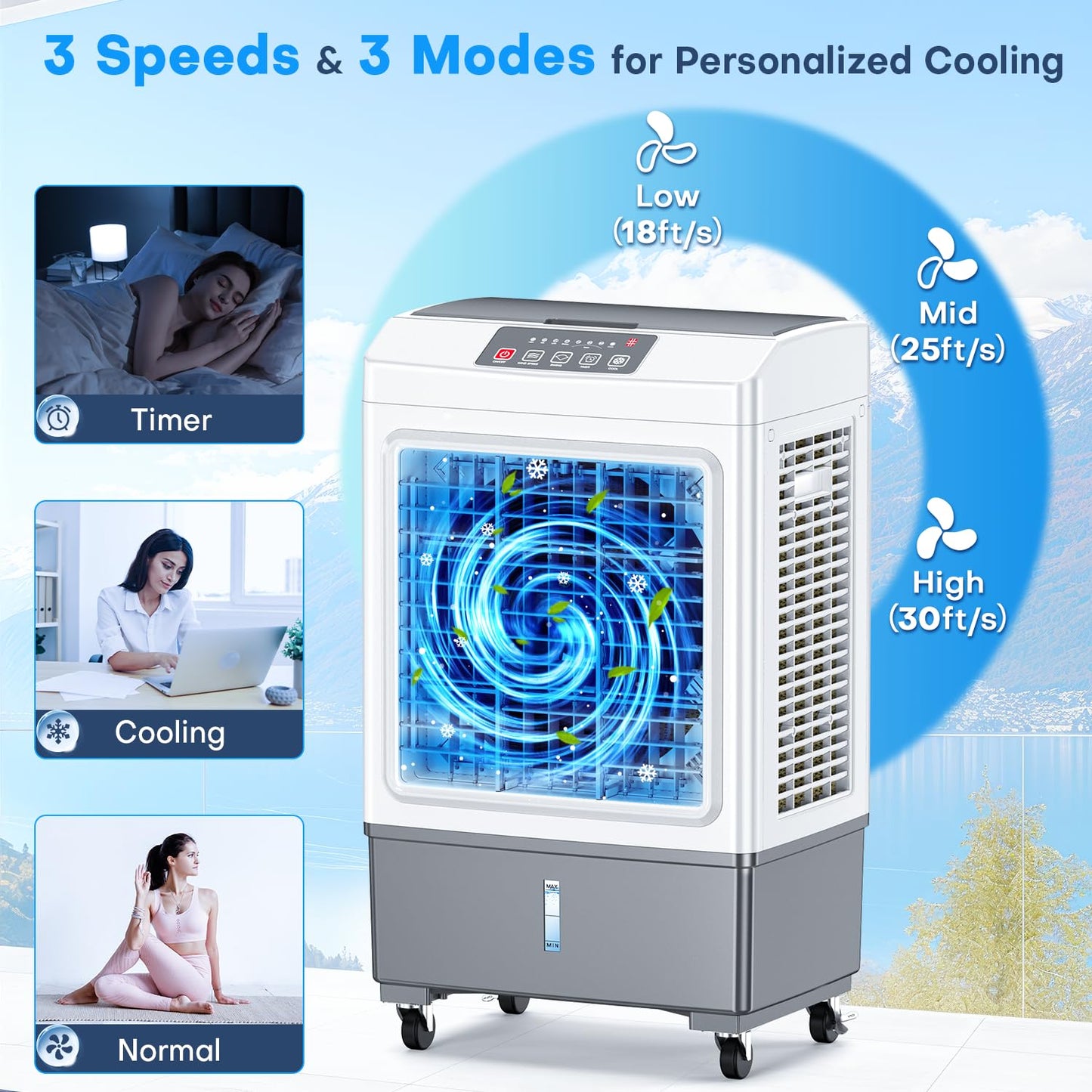 fancole 3-IN-1 Air Conditioner Portable w/4 Mode & 3 Speed, 12H Timer, 70° Oscillating Evaporative Air Cooler, Remote Control, 4 Ice Packs, 1.1 Gal