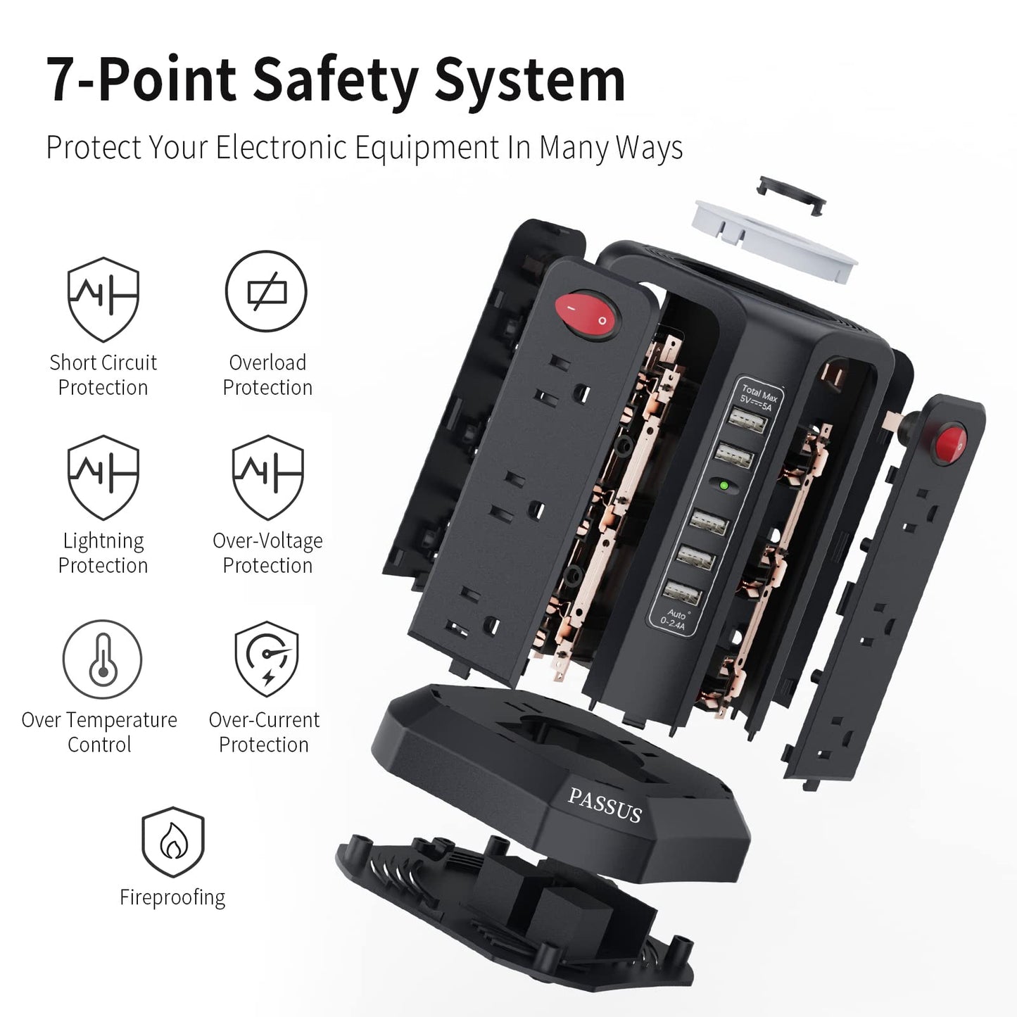 Surge Protector Power Strip Tower with 5 USB Ports and Night Light, 10FT Extension Cord with 12 AC Multiple Outlets, PASSUS Power Tower, Overload