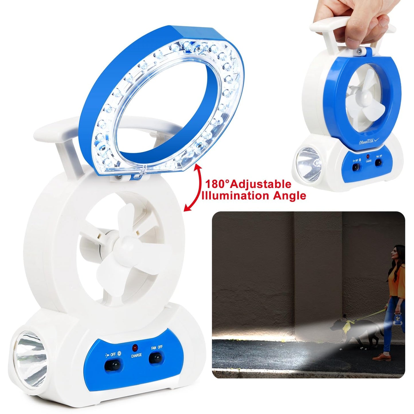 KOCASO Desk Cooling Fan w/180°Adjustable LED Lamp Baby Stroller Fan Emergency Flashlight Torch for Household Camping Traveling,Blue