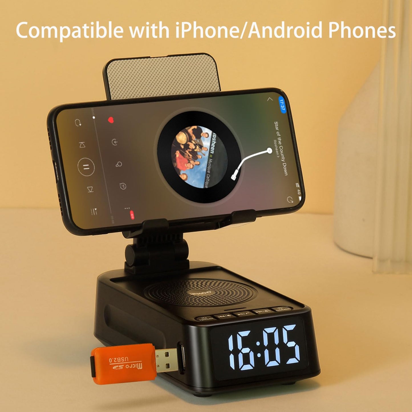 Gifts for Men Women, Phone Stand with Bluetooth Speaker&Clock, Birthday Gifts for Him, Phone Holder with Wireless Speaker, Ideal for Dad Mom Husband