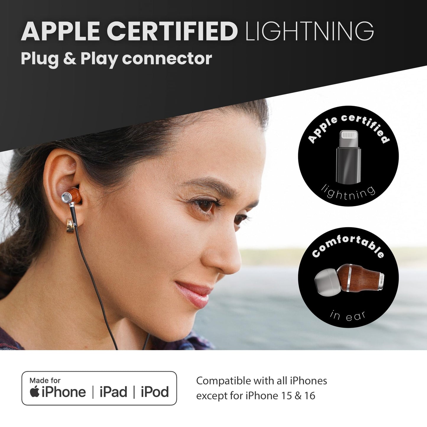 Symphonized iPhone Earphones Wired Deep Bass Sound, 3D Sound, Microphone Volume Control, Noise Isolation, Bubinga Wooden with Lightning (Apple MFI