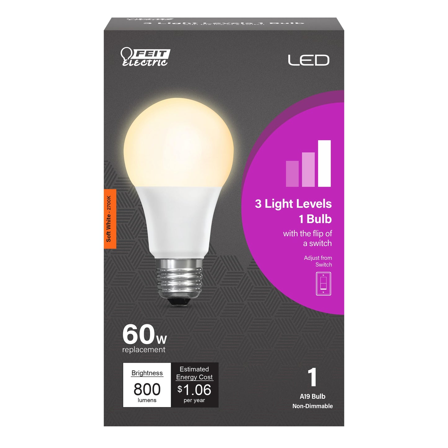 Feit Electric A19 LED Light Bulb, 65W Eq, Soft White, 3Way Dimming