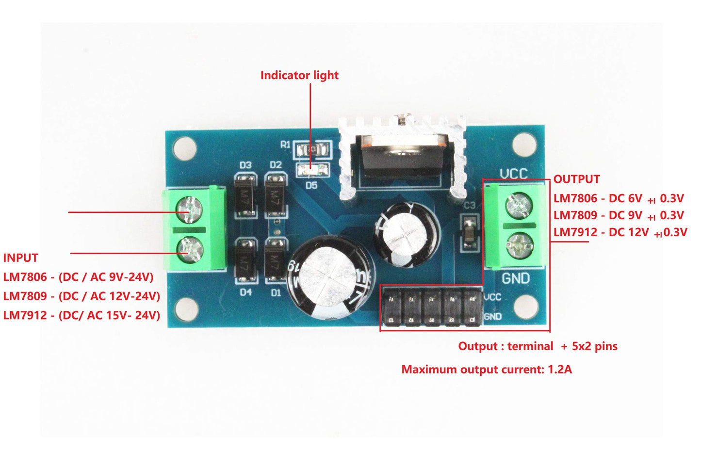 NOYITO Three Terminal Voltage Regulator Module LM7805 LM7806 LM7809 LM7812 DC or AC to DC 6V 9V 12V Output 1.2A Max Power Supply Module Terminal…
