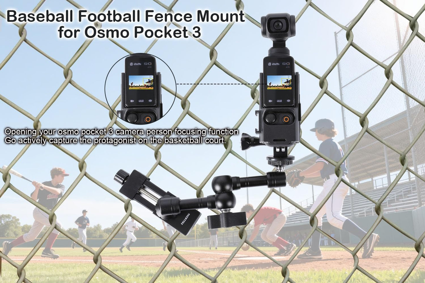 PellKing Osmo Pocket 3 Fence Mount for Live Streaming, Fence Holder for Osmo Pocket 3 Mounting Kit with Protective Cage Frame for Game Changer