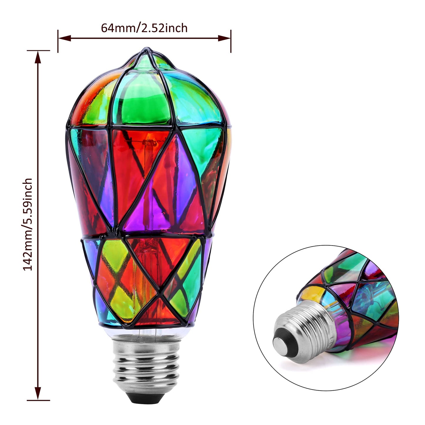Tidorlou 2 Pack Stained Glass LED Light Bulb, Dimmable E26 Medium Base, ST64 3.5W LED Bulb for Home Party, Balcony, Garden, Christmas Halloween