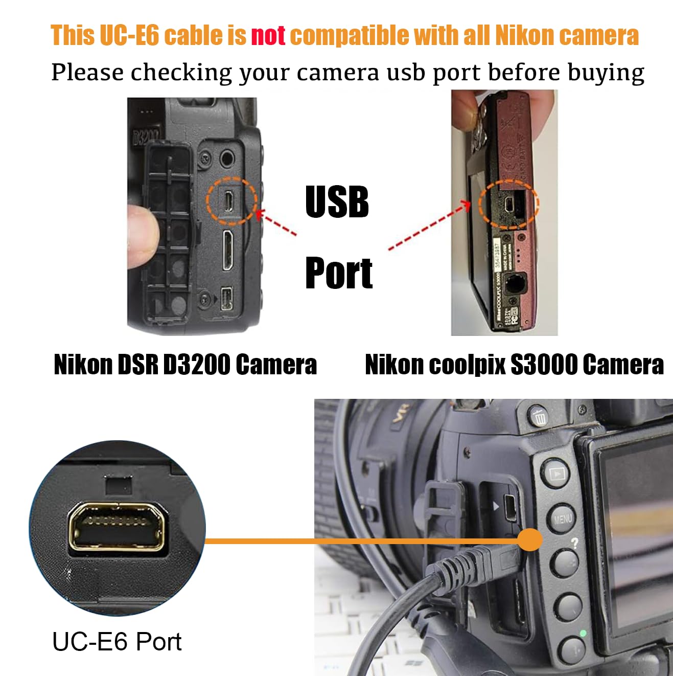 AlyKets USB 2.0 Cable Replacement UC-E6 Data Photo Transfer Cord for Nikon DSLR SLR Camera D3300 D750 D5300 D7200 D3200, Coolpix B500 L340 L32 L29 L31