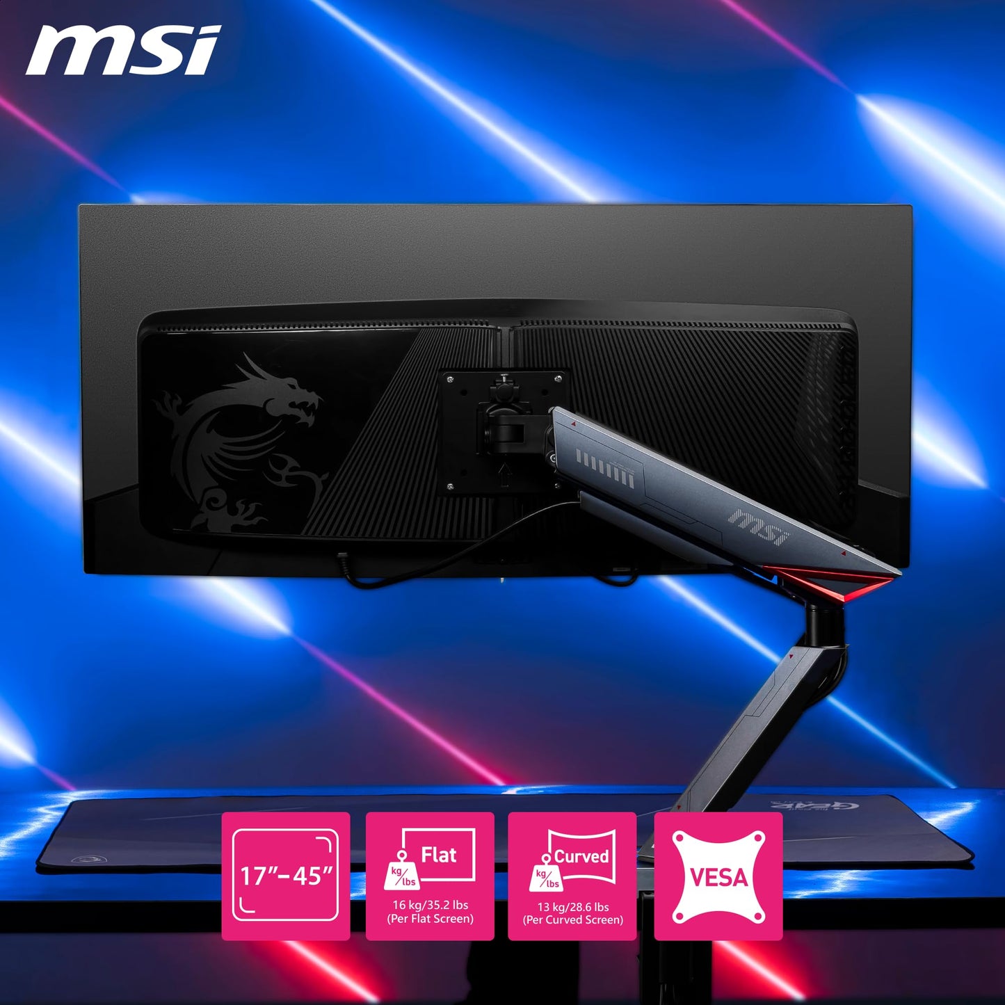 MSI MPG MT161R - Premium RGB Single Monitor Stand Arm, Supports 17-45" Screens and 35.2 lbs, VESA Compatible, Adjustable Spring Assisted Mount, Clamp