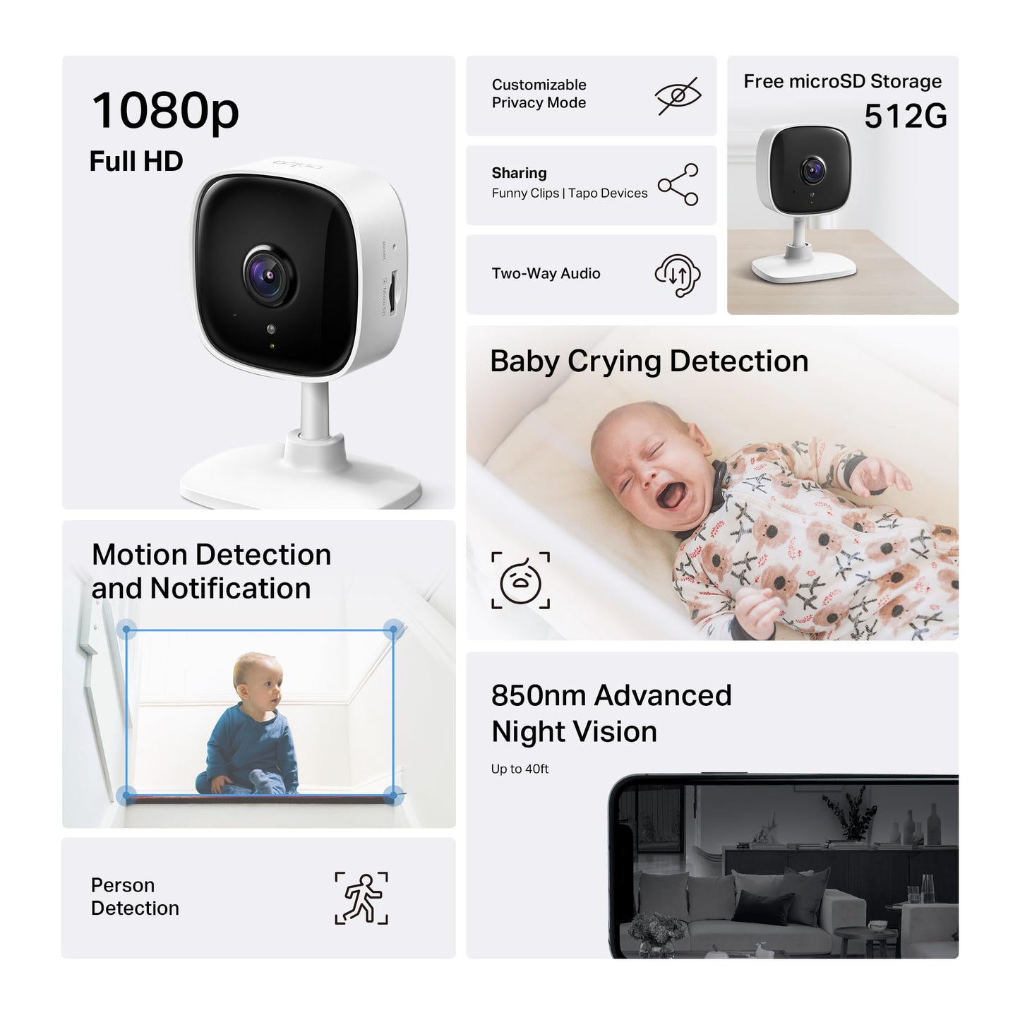 Tapo 1080P Indoor Wired Security Camera - Works as a Baby & Pet Monitor, Motion Detection, 2-Way Audio, Siren, Night Vision, Subscription-Free Local