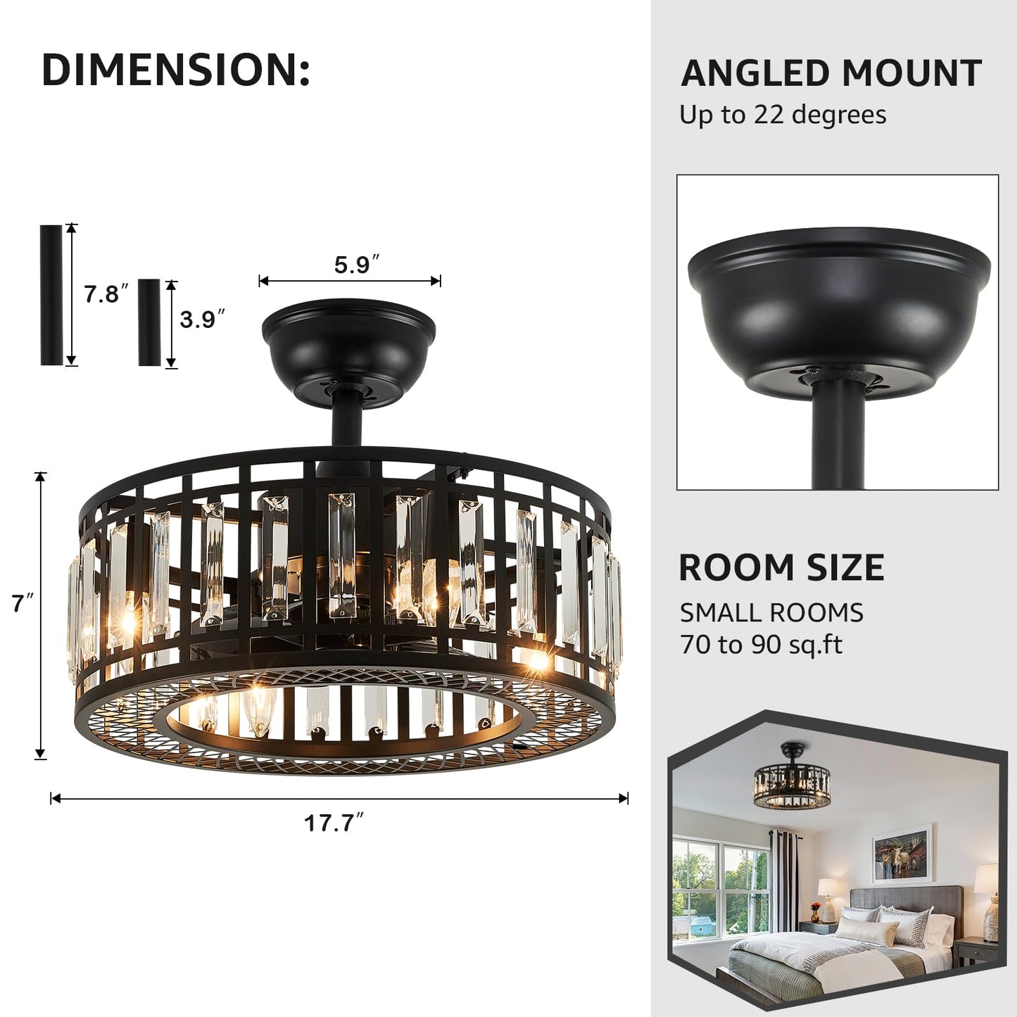 MOOONICHE 18" Black Crystal Caged Ceiling Fan with Light and Remote, Industrial Caged Chandelier Fan 8-Blade Fandelier Modern Enclosed Ceiling Fan