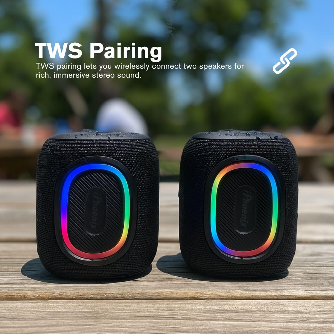 iphoenix IP190 Portable Bluetooth Speaker - RGB Lights, Deep Bass, 8H Playtime, TWS Pairing, IPX6 Waterproof Wireless Speaker for Outdoor & Indoor Use
