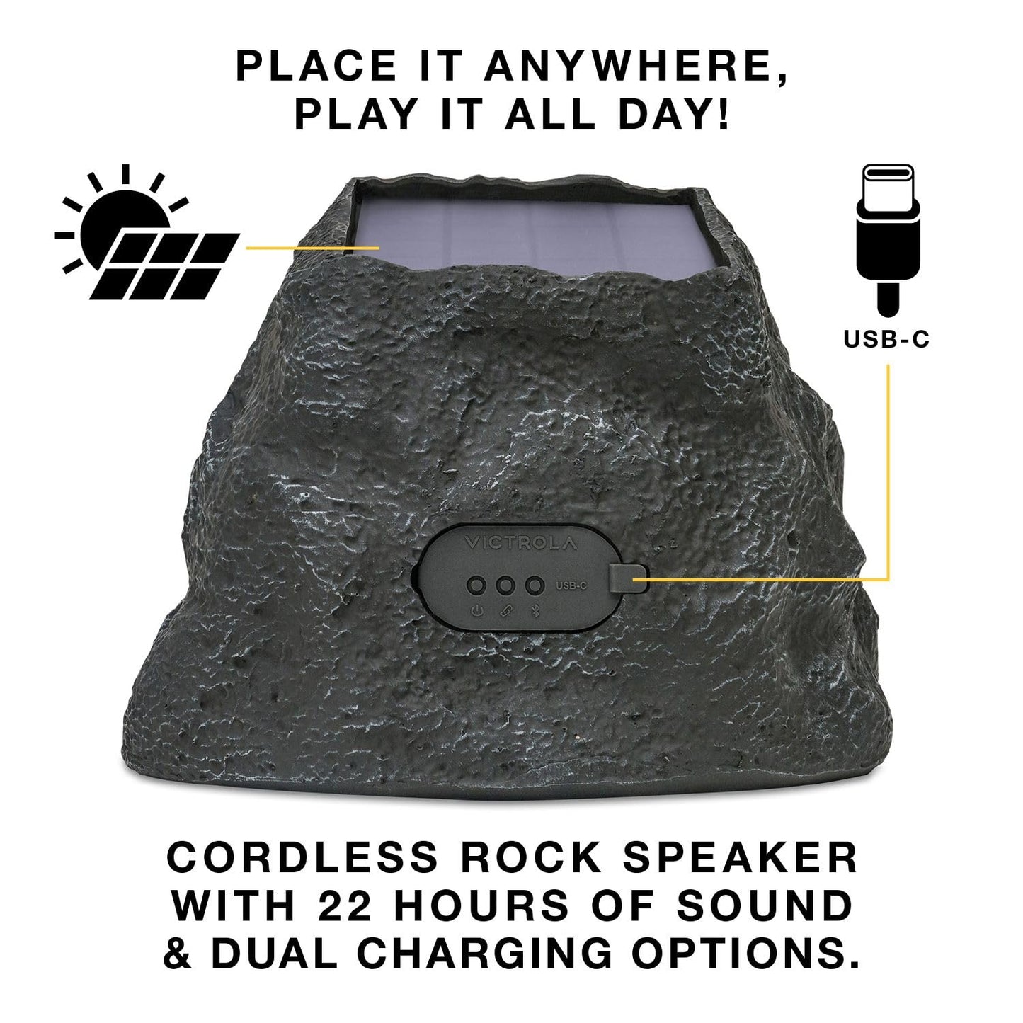 Victrola Rock Speaker Connect, Stone, Wireless Outdoor with Bluetooth 5.3, 22-Hour Battery Life, with Solar Charging, Link Up to 20 Rock Speakers