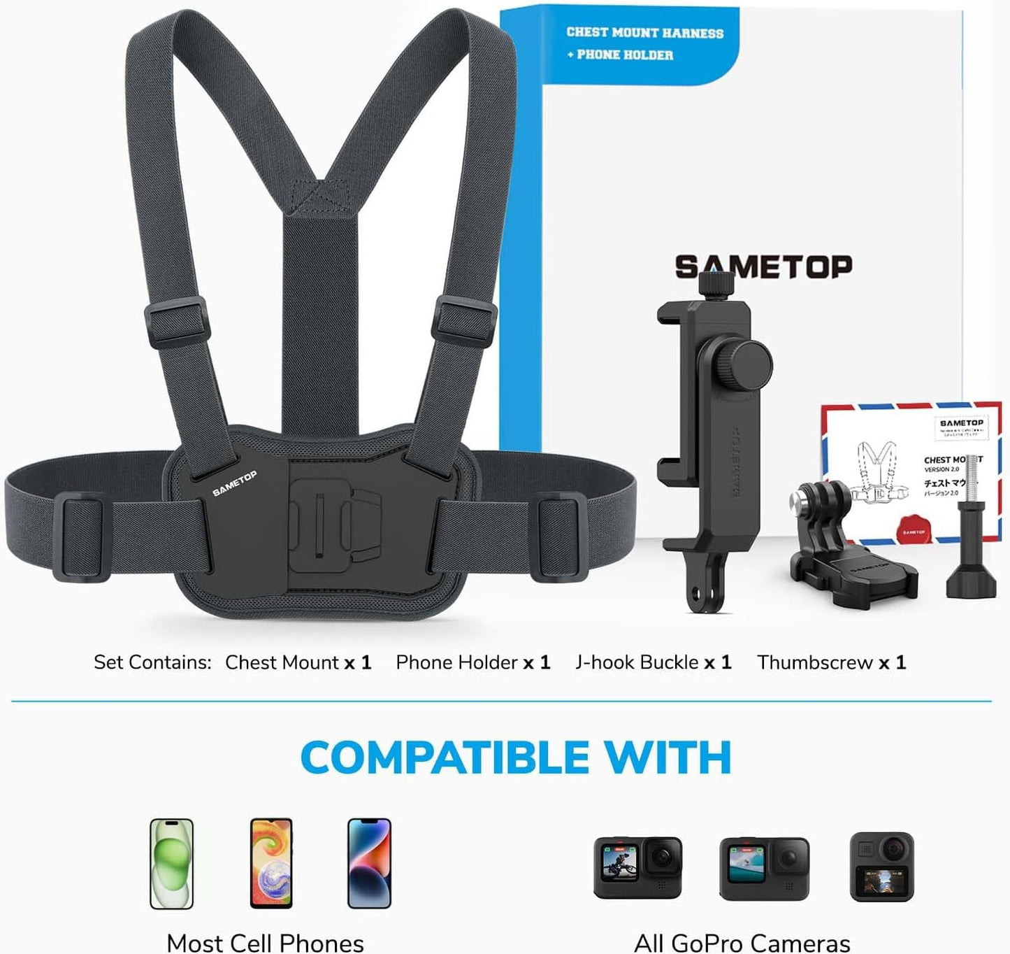 Sametop Phone Chest Mount Harness Holder Mobile Phone Strap Clip Compatible with iPhone Samsung GoPro 13/12/11/10/9/8 DJI Osmo and Most Cell Phones