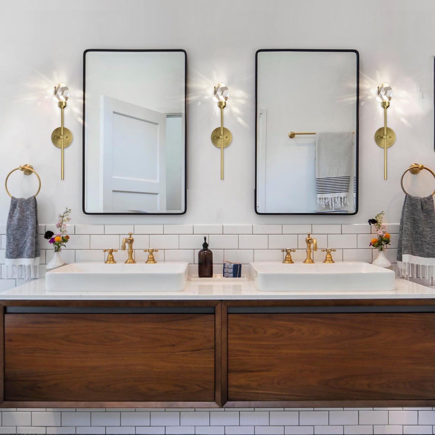 Untrammelife Indoor Crystal Wall Sconce, Brushed Brass Gold Hardwired Wall Light Fixture 3 Color Temperature 3000K-4000K-5000K 8W Dimmable LED Modern