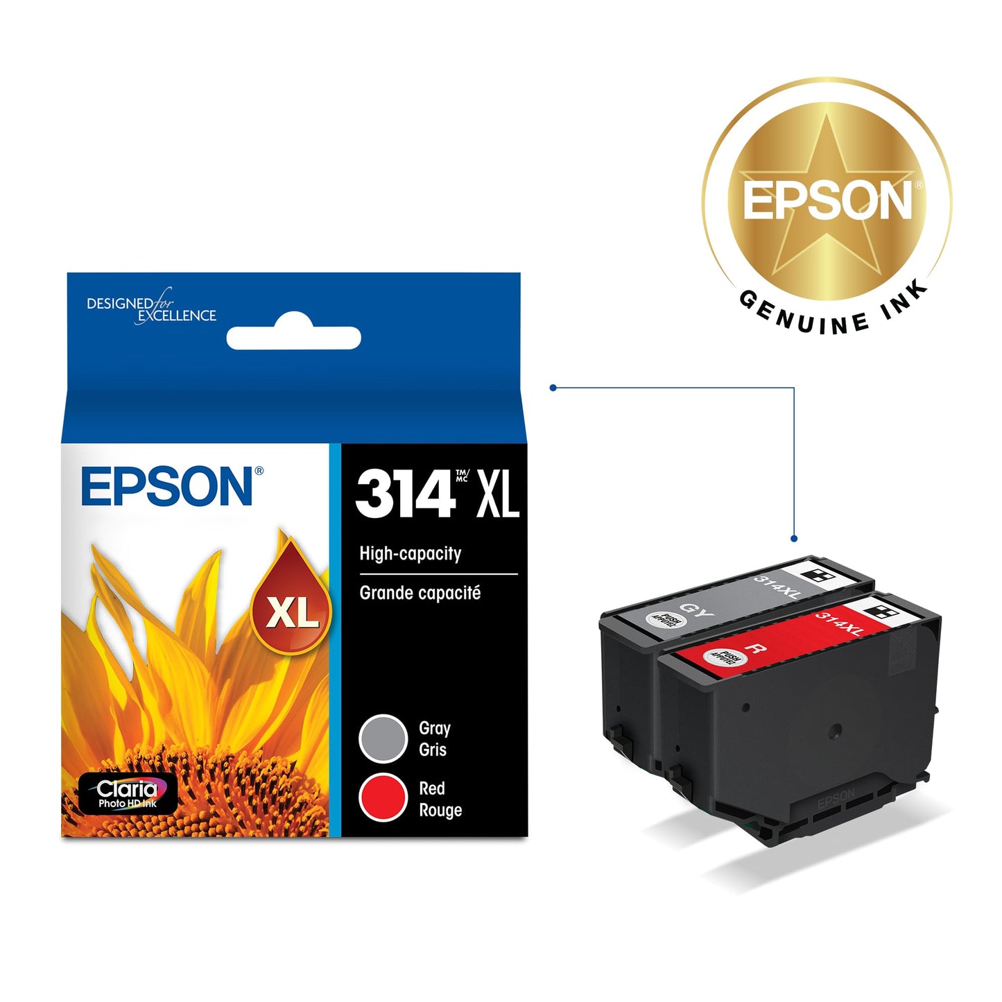 EPSON 314 Claria Photo HD Ink High Capacity (T314XL922-S) Works with Expression XP-15000 Gray/red
