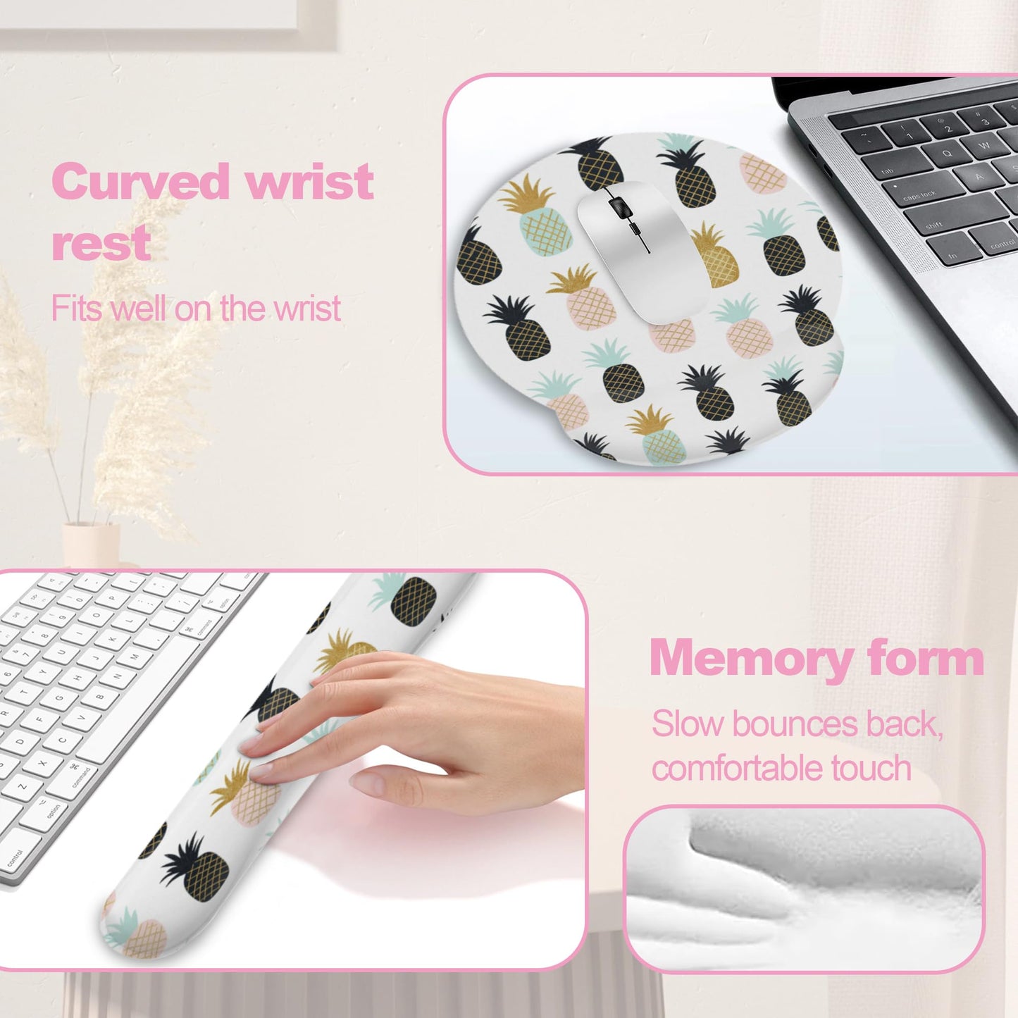 Abstract Tropical Pineapple Fruit Keyboard Wrist Rest Pad and Mouse Pad Wrist Support Set,3-in-1 Ergonomic Mouse Pad with Non-Slip Rubber Base