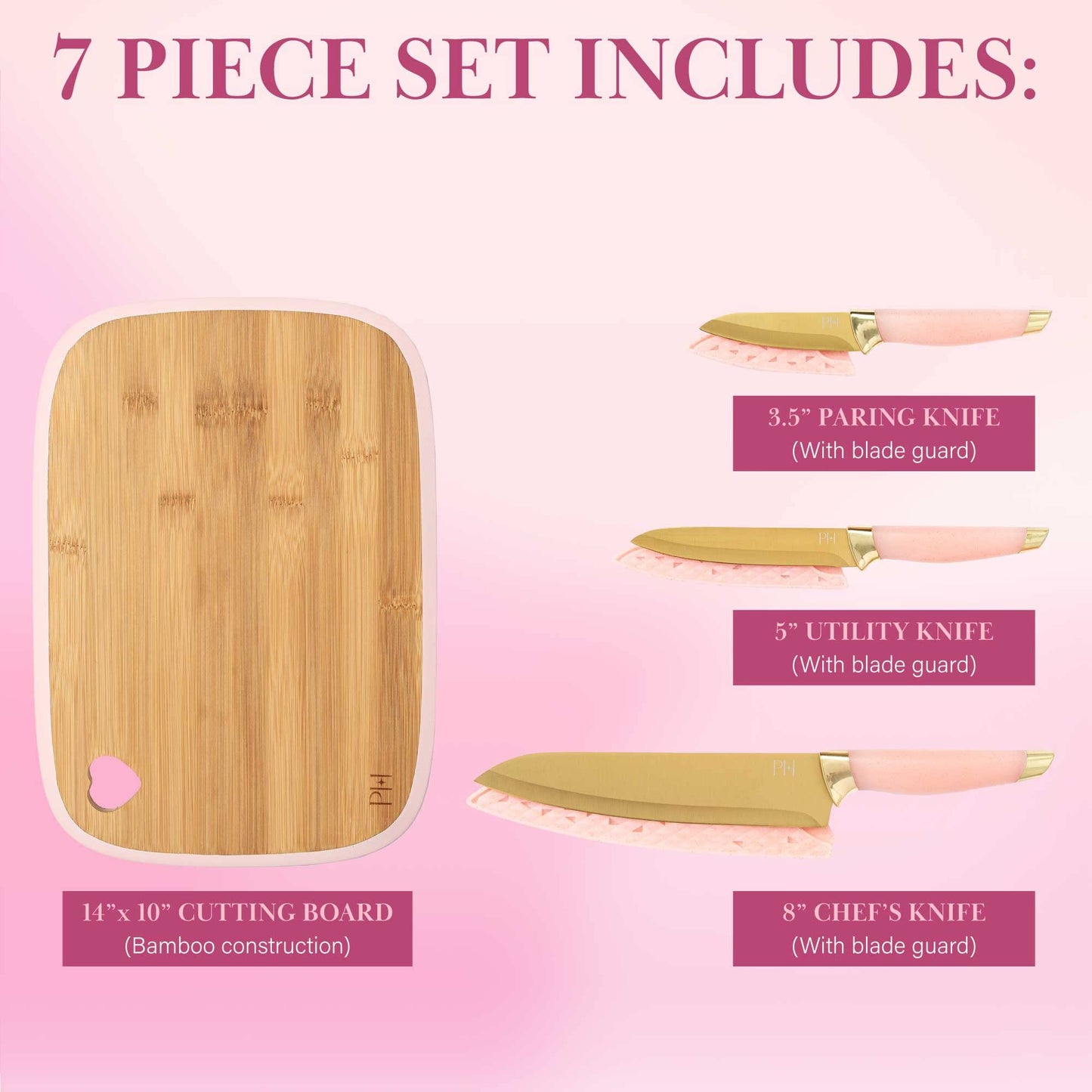 Paris Hilton Reversible Bamboo Cutting Board and Cutlery Set with Matching High Carbon Stainless Steel Knives, Blade Guards, Sleek Yet Comfortable…